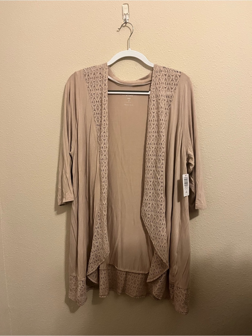 Torrid Light Taupe Open Front Crochet Trim Cardigan size: 2